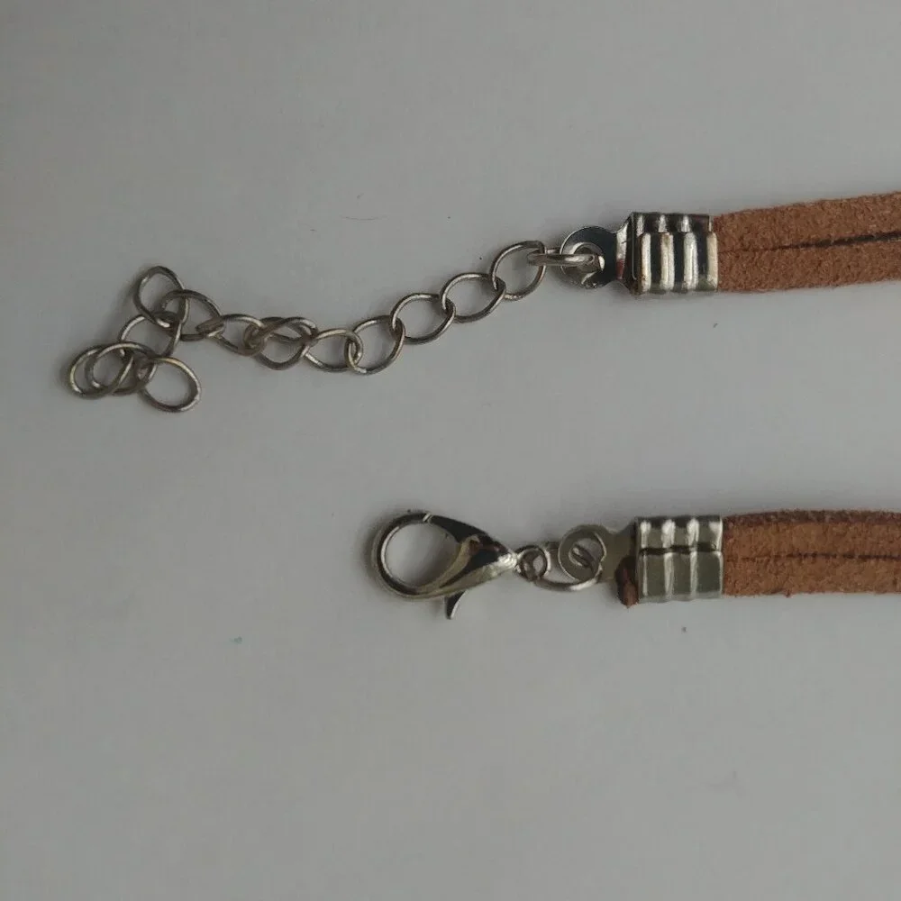 Y2K Brown leather double strand short necklace choker silver heart - Picture 5 of 9